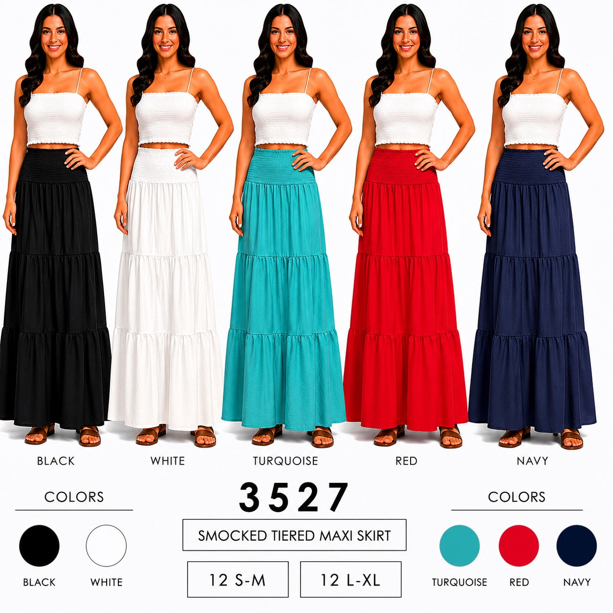 Smocked Waist Ruffle Maxi Skirt (12 S-M / 12 L-XL) 24 PCS