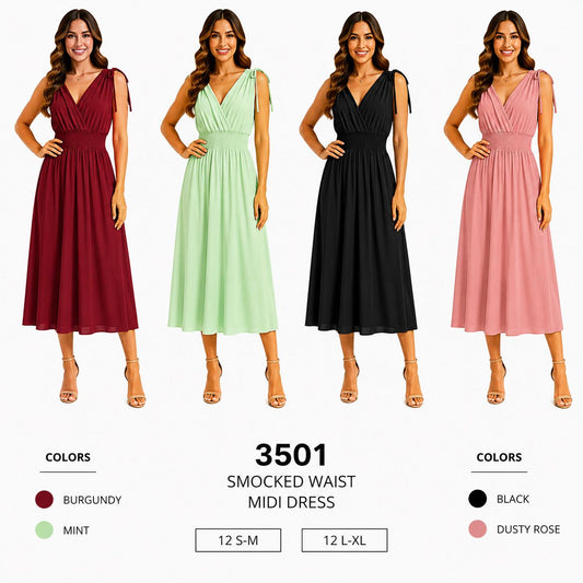 Smocked Waist Midi Dress (12 S-M / 12 L-XL) 24 PCS