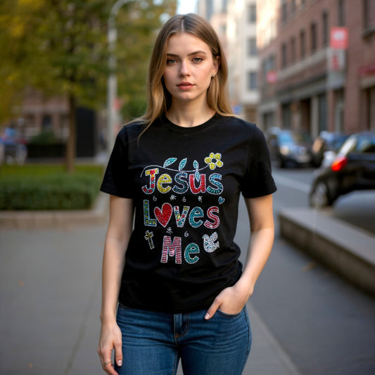 Sparkly 'Jesus Loves Me' T-Shirt - Black