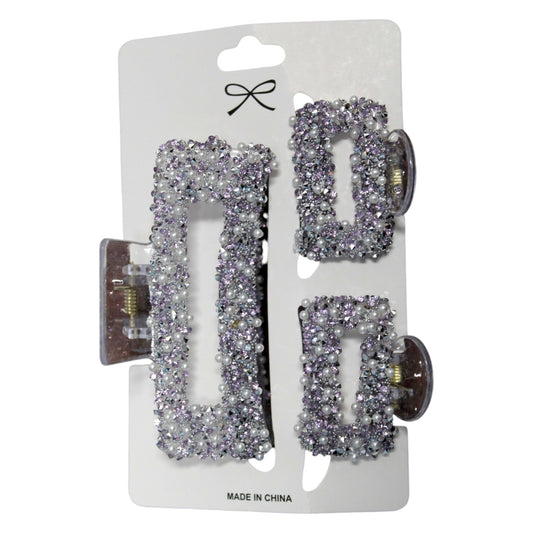 Sparkly Square Hair Clip Set - Purple & Clear (1 Dzn)