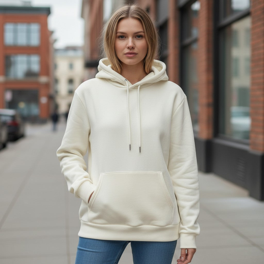 Beige White Unisex Fleece Hoodie