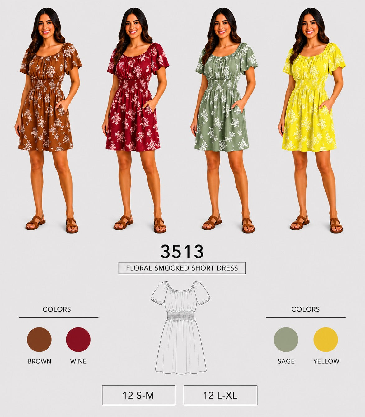 Floral Smocked Short Dress (12 S-M / 12 L-XL) 24 PCS