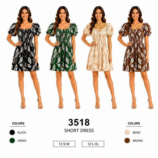 Leaf Print Short Dress (12 S-M / 12 L-XL) 24 PCS