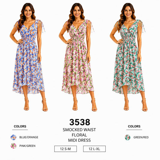 Smocked Waist Floral Midi Dress (12 S-M / 12 L-XL) 24 PCS