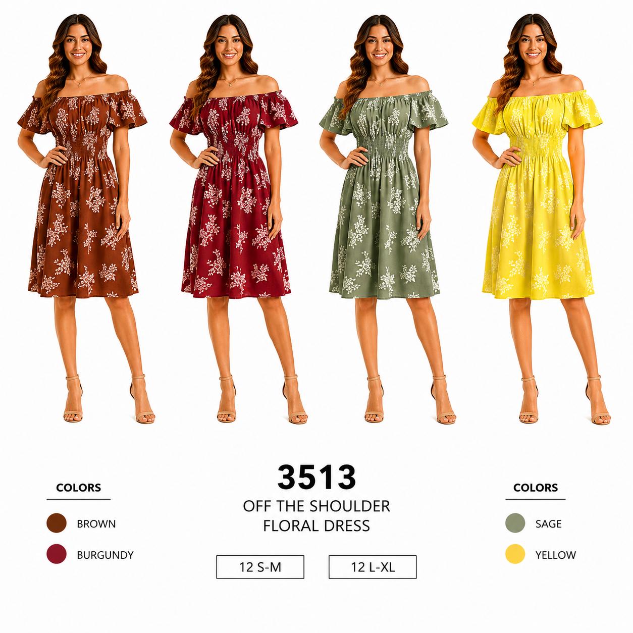 Off The Shoulder Floral Smocked Short Dress (12 S-M / 12 L-XL) 24 PCS 3513