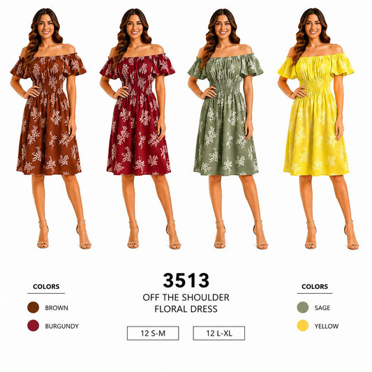 Off The Shoulder Floral Smocked Short Dress (12 S-M / 12 L-XL) 24 PCS