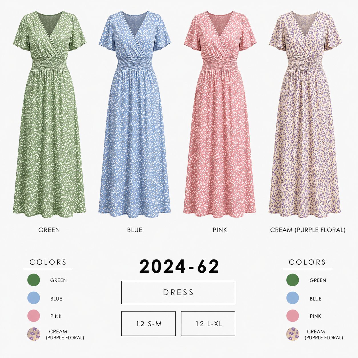 Smocked Waist Floral Dress (12 S-M / 12 L-XL) 24 PCS 2024-62