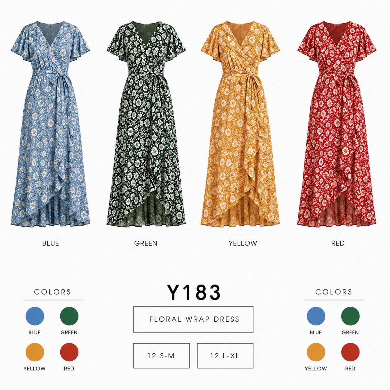 Floral Wrap Tie Dress (12 S-M / 12 L-XL) 24 PCS Y183