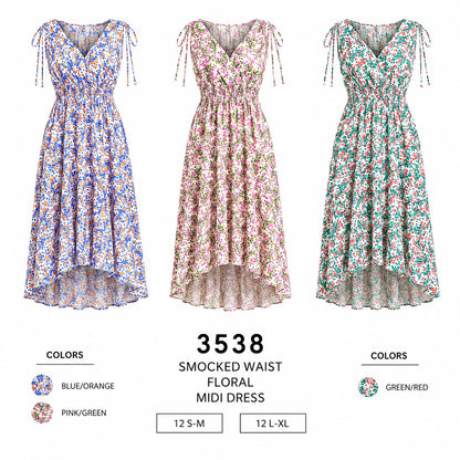 Smocked Waist Floral Midi Dress (12 S-M / 12 L-XL) 24 PCS 3538