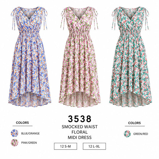 Smocked Waist Floral Midi Dress (12 S-M / 12 L-XL) 24 PCS