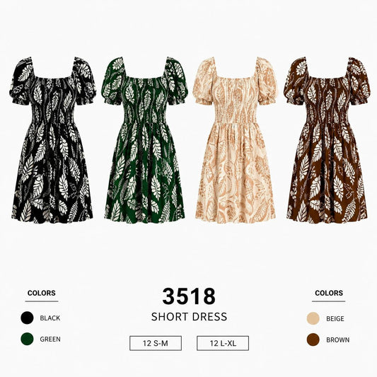 Leaf Print Short Dress (12 S-M / 12 L-XL) 24 PCS
