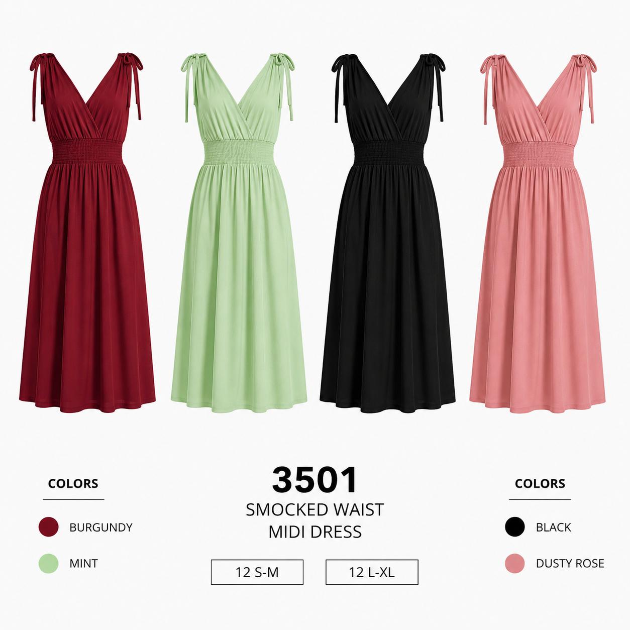 Smocked Waist Midi Dress (12 S-M / 12 L-XL) 24 PCS 3501