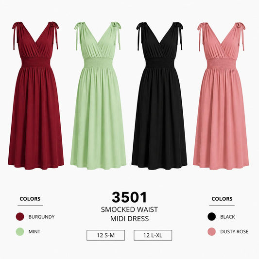 Smocked Waist Midi Dress (12 S-M / 12 L-XL) 24 PCS