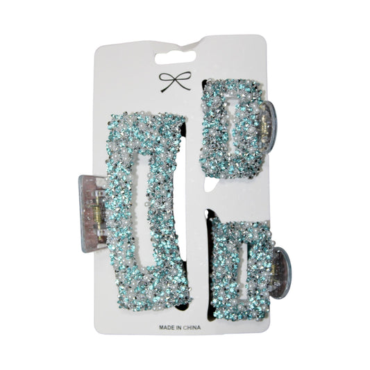 Sparkly Square Hair Clip Set - Light Blue (1 Dzn)