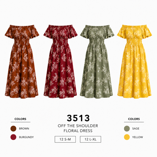 Off The Shoulder Floral Smocked Short Dress (12 S-M / 12 L-XL) 24 PCS