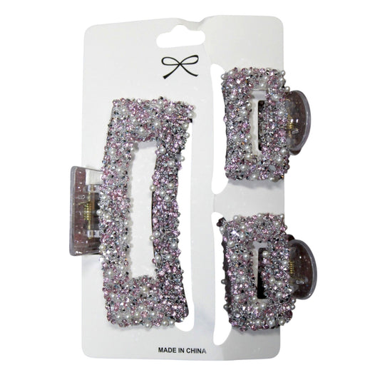 Sparkly Square Hair Clip Set - Pink & Clear (1 Dzn)
