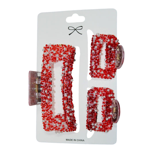 Sparkly Square Hair Clip Set - Red (1 Dzn)